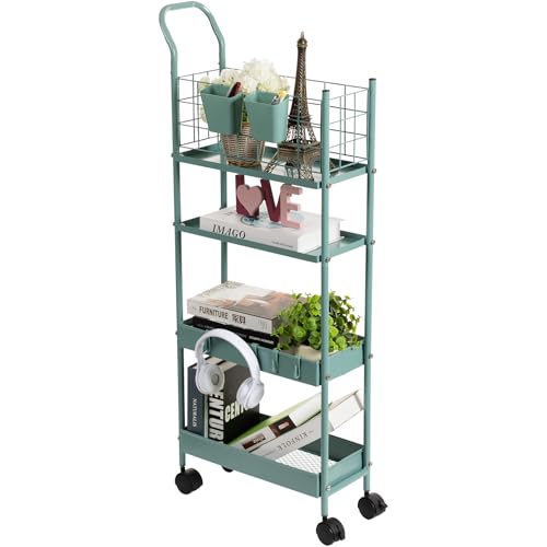 danpinera Rolling Utility Cart with Wheels, 4 Tier 7.7'' Metal Rolling Narrow Storage Cart with Hooks and Hanging Cups on Wheels for Bathroom, Kitchen, Office and Small Spaces, Green - color: Green, size: Slim (4 tier)