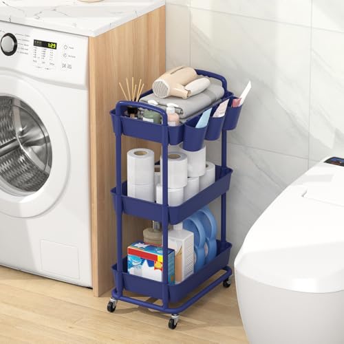 JIUYOTREE 3-Tier Plastic Rolling Storage Cart Utility Cart with Extra Hanging Cups Handles Lockable Wheels for Living Room Bathroom Kitchen Office Blue - color: Blue, size: 3-Tier