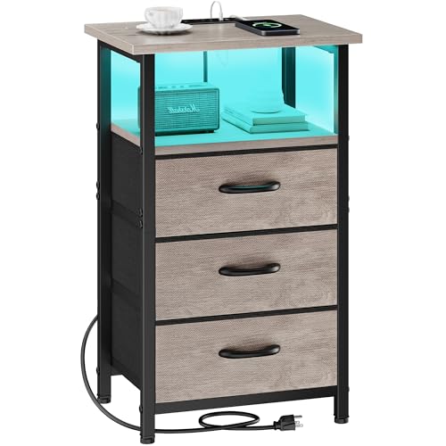 Vagusicc Night Stand with Charging Station, LED Nightstand for Bedroom, Bedside Table with 3 Fabric Drawers, End Table Side Table with USB Ports and Outlets, Bed Side Table for Bedroom, Greige - color: Greige, size: 1 Piece, style: With LEDs