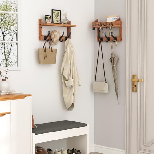 Evermagin 29" Coat Rack Wall Mount with Shelf, 4 in 1 Wall Mounted Coat and Key Hanger with 11 Hooks, Entryway Key Holder with Mail Holder for Living Room, Bedroom - color: Brown, size: 29 inch