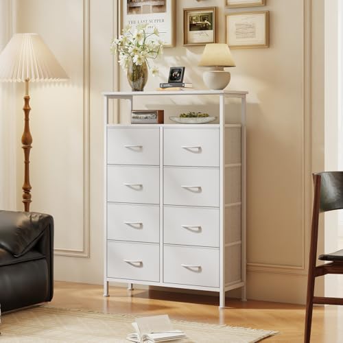 DUMOS Fabric Dresser for Bedroom with 8 Drawers, Tall 8-Drawer Chest of Drawers with Raised Shelf, Storage Tower with Fabric Bins for Closet Organization, Hallway Storage, Cream - color: Cream, size: 31.5"D x 45.9"W x 11.8"H (8 Drawers)