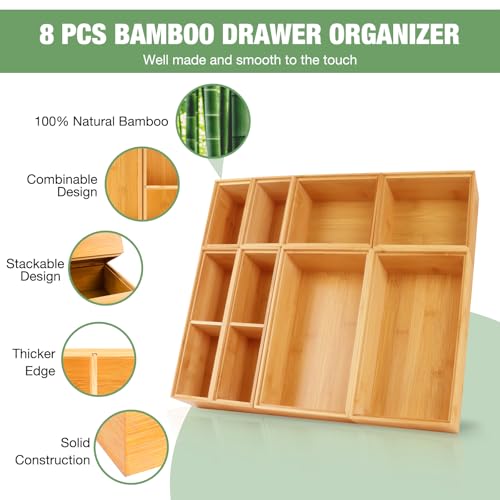 Bamboo Drawer Organizer Set, 8 PCS Multi-Use Wood Drawer Storage Boxes, Junk Drawer Organizer Divider Bins for Kitchen, Bathroom, Office Desk, Makeup, Jewelry, Utensils - color: Natural, size: 8PCS