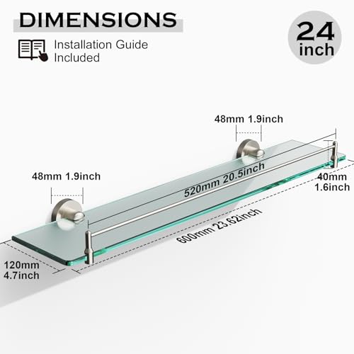 24 Inch Glass Bathroom Shelves,Brushed Nickel Floating Shelves for Wall Rectangular Modern Stainless Steel Glass Shelf for Bathroom Shelves Wall Mounted - color: Brushed Nickel, size: 24"with railing
