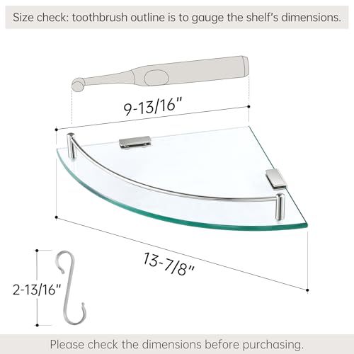 KES Glass Corner Shelf with Hooks 18/8 Stainless Steel, Tempered Glass Bathroom Corner Shelf with Rail, Shower Glass Shelf 2 Pack Wall Mounted, Polished Finish, BGS2101A-P2 - color: Polished Finish