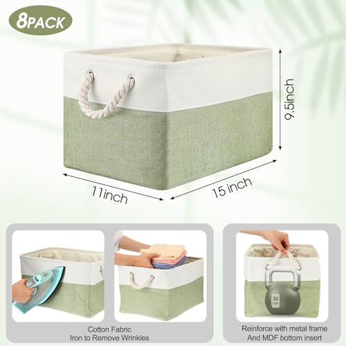 meekoo 8 Pack Collapsible Storage Bins Fabric Storage Bins Polyester Fabric Baskets with Handles Linen Closet Organizer for Shelf Home Closet Towels Toys(15 x 11 x 9.5 in,Green White) - color: Green White, size: 15 x 11 x 9.5 In