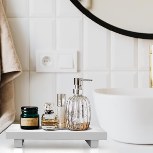 White Wooden Bathroom Tray Wood Riser Pedestal Stand Dish Soap Dispenser Holder for Kitchen Counter Bathroom Decor Decorative Kitchen Sink Countertop Trays Farmhouse Organizer Accessories Vanity Tray - color: White, size: 10" x 6" x 1.6"