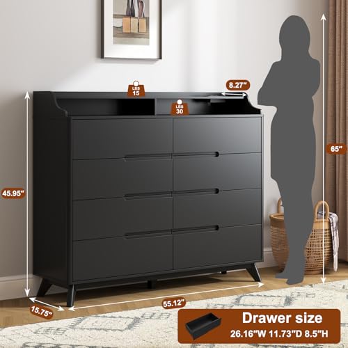 Dresser for Bedroom with 8 Drawers, 55" Large Dresser & Chest of Drawers with Charging Station, Wood Closet Clothes Storage Tall Dressers Organizer for Bedroom Living Room Hallway (Black) - color: Black, size: 16"D x 55"W x 46"H (8 Drawers)