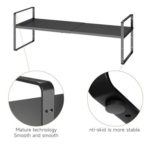 16.5~27.1" Expandable Shelf Organizer, 2Pack 10.2" Wide Stackable Cabinet Shelf Organizers, Black Metal Sturdy Kitchen Counter Storage for Countertop, Adjustable Height Spice Rack - color: Black, size: 2Pack-10.2''W-Holeless