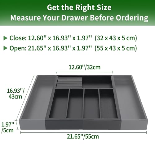 VaeFae Bamboo Silverware Drawer Organizer Kitchen, Expandable Utensil Organizer with Knife Block, Cutlery Tray with Divider, Multifunctional Drawer Organizer (Black) - color: Black, size: Large - Expandable with Block
