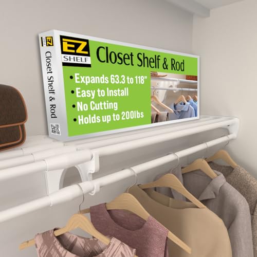 EZ SHELF - Hanging Shelf - Closet Rod - Expands 63.3-118” - White, Closet Shelves - Strong, Holds 200 lbs - DIY, Easy Install - to 2 Side Walls - Alternative to Wire Shelving - color: White, size: 64 in-118 in