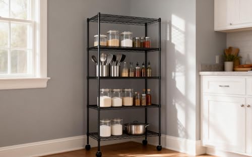 Simple Deluxe 5-Tier Heavy Duty Adjustable Shelf with Wheels, 23.23”W x 13.39”D x 59.45”H,Metal Storage Rack, Easy Tool-Free Assembly for Garage, Warehouse, Basement, Laundry, Black - color: Black, size: 5-Tier, 23.23”W x 13.39”D x 59.45”H