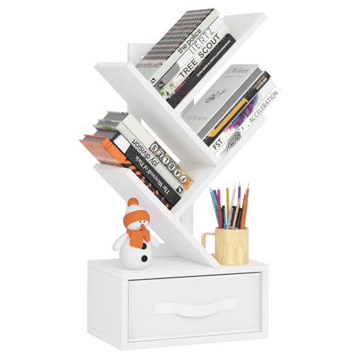 SHEEPAM Small Bookshelf with Drawer,4 Tier Tree Book Shelf,Wood Desk Bookshelves,Modern Free Standing Desktop Display Shelves,White Floor Standing Organizer Bookcase for Living Room,Bedroom,Office - color: Elegant White, size: 4 Tier