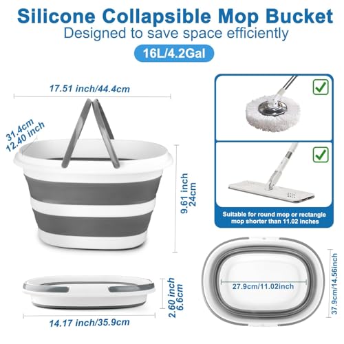 Collapsible Mop Bucket with Handle for Cleaning, 16L(4.2 Gallon) Silicone Square Mopping Bucket for Windows Cleaning or Car Washing, Cleaning Supplies Organizer Plastic Bucket for Storage - color: Gray, size: 16L