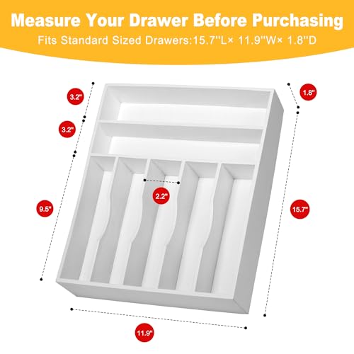 Kitchen Bamboo Silverware Organizer, Kitchen Drawer Organizer - Utensil Holder and Cutlery Tray with Grooved Drawer Dividers for Flatware 7 Slot, White - color: White, size: 7 Slots