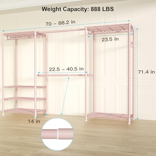 Ulif E1 Heavy Duty Closet Garment Rack, 6 Tiers Adjustable Metal Freestanding Expandable Clothing Storage with 4 Hanger Rods, Easy to Assemble Wardrobe, 71.4" H x (70" - 88.2") L x 14" D, Pink - color: Pink
