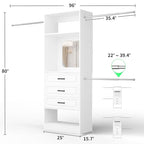 Unikito 48" W - 96” W Closet System with Mirror, 8FT Walk in Closet Organizer Kits with Drawers and 3 Extendable Hanging Rod, Sturdy Wood Clothing Garment Rack with 25” Tower, Max Load 1000 LBS, White - color: White