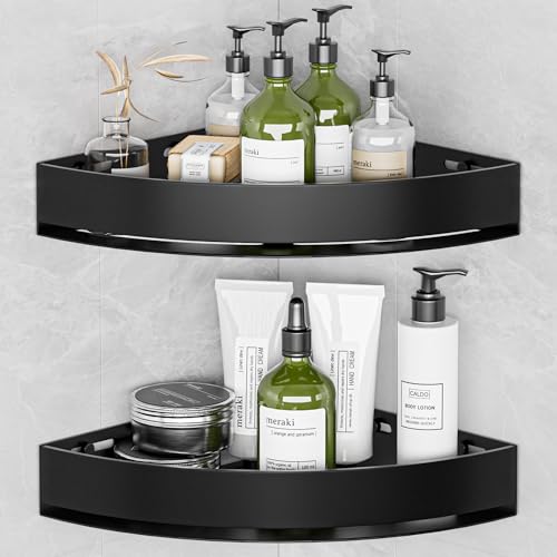 Wisfame Black Corner Shower Caddy - Rustproof Aluminium Triangle Shower Shelf - No Drill & Drill Installation - 2 Bathroom Shelves Wall Mounted (20LB Capacity/Tier) - color: Black