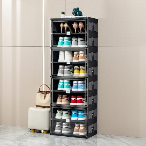 JEKO&JEKO 8 Tiers 16 Pairs Portable Shoe Organizer Storage Boxes with Magnetic Door, Folding X-Large Shoe Rack Free-Standing for Closet Entryway, Sneaker Storage Cabinet Fits US Size 12 (Black) - color: Single-row, size: 8 Tiers