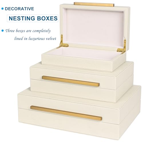 Beige Shagreen Decorative Box Set of 3 - Faux Leather Nesting Storage Boxes with Lids, Large Modern Jewelry Organizer, Stackable Home Decor Box for Bedroom, Bathroom & Office - color: Beige+Gold Handles, size: 3 pack