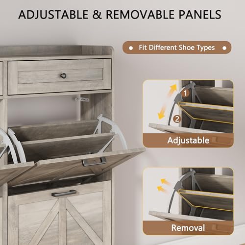 Shoe Cabinet with 4 Flip Drawers & 2 Top Drawers, 43" Tall Freestanding Narrow Wooden Shoe Storage Organizer for Entryway, Hidden Slim Shoe Rack for Front Door Entrance, Hallway, Living Room, Grey - color: Grey, size: 4 Flip Drawers