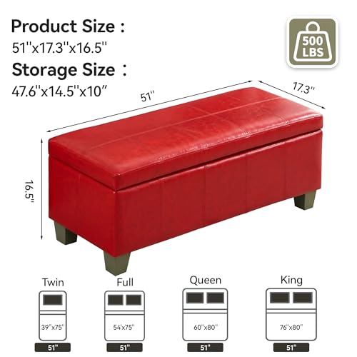 WUTUTUEE 51" Faux Leather Storage Ottoman, Stitch Tufted Rectangle Upholstered End of Bed Storage Bench, Entryway Large Couch Ottoman with Wooden Legs,Red - color: Red, size: 51 Inch