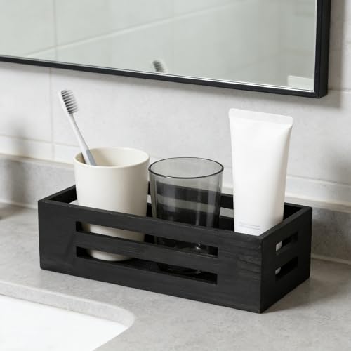 Toilet Paper Storage Box with Handles, Wooden Wicker Toilet Tank Basket, Bathroom Basket Organizer for Countertop, Decorative Wicker Bins for Bathroom or Guest Room-Black - color: Black