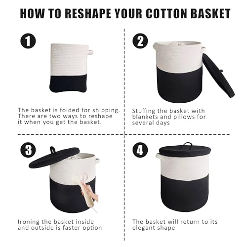 Large Storage Basket with Lid 60L, 16"Wx18"H Woven Laundry Hamper Basket with Handle, Room Decor Cotton Rope Wicker Basket Toy Organizer Bins for Clothes Blankets Pillows, Black/White Mix includes Lid - color: Black/White Mix-16"Wx18"H
