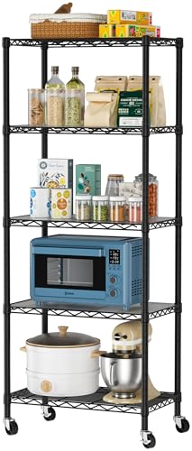 Golpart 5 Tier Shelves Storage Shelf Wire Closet Bathroom Organizers Metal Pantry Kitchen Garage Shelving Unit Laundry Room Organization Home Rack Net Basket Black with Wheels 14”D X 24”W X 61”H - color: Black, size: 5 shelves (14 "D X 24 "W X 61 "H)