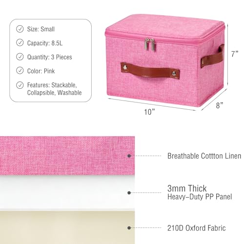 3PCS Storage Bins Boxes with Zippered Lids Cotton Linen Fabric Decorative Basket PU Leather Handles PP Plastic Board Foldable Lidded Clothing Shelf Closet Organizer Container (Pink, Small) - color: Pink, size: Small ( Pack of 3 )