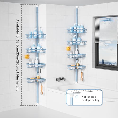 KEGII Shower Caddy Tension Pole, 4-Tier Rustproof Adjustable Corner Bathroom Organizer for Renters, 25–114.2 Inch No Drill Space-Saving Shower Storage Rack, Blue - style: Tension Caddy - Blue