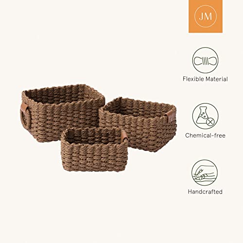 LA JOLIE MUSE Woven Storage Baskets, Recycled Paper Rope Bin Organizer Divider for Cupboards Drawer Closet Shelf Dresser, Set of 3 (Brown) - color: Brown