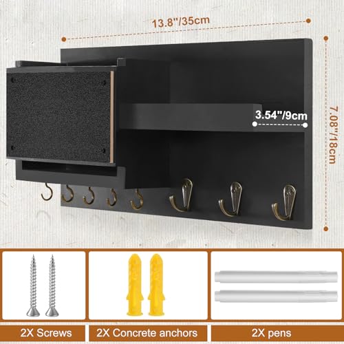 Decorative Key Hanging Rack with 8 Hooks – Easy Install Natural Wooden Key and Mail Holder for Wall Mount – Sunglasses Wallet Holder Entryway Decor with Shelf and Chalkboard (Coal Black) - color: Coal Black