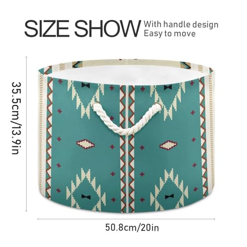 Teal Ethnic Aztec Print Round Storage Basket Retro Tribal Navajo Geometric Large Laundry Hamper 20 x 20 x 14 Inches Organizer Bin with Handles Clothes Storage Bag for Nursery Bedroom Living Room Decor - color: Teal