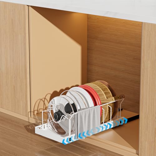 Pots and Pans Organizer Under Cabinet, Pull-out Pots and Pans Organizer, Under Cabinet Pot Lid Holder, Sliding type Pots and Pans Storage with 8 Adjustable Dividers & Handle Bracket - White - color: White, size: 8 Dividers-1 Pack