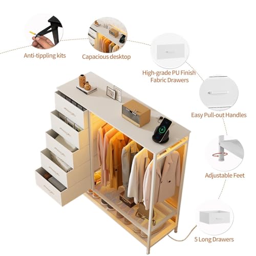 Dresser for Bedroom, Dresser with Hanging Rack Led Lights and Charging Station, White Bedroom Dresser with 5 Fabric Chest of Drawers with PU Finish Storage Organizer, for Living Room Hallway, White - color: White