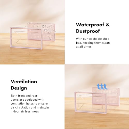 Foluck Shoe Storage Box, 15 Pack Clear Plastic Stackable Shoe Organizer for Closet, Interlocking Design Shoe Container Bins for Sneakers, Foldable Shoe Rack with Lids, Pink - color: Pink