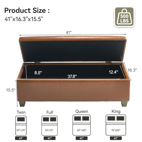 WUTUTUEE 41" Faux Leather Storage Ottoman, Stitch Tufted Rectangle Upholstered End of Bed Storage Bench, Entryway Large Couch Ottoman with Wooden Legs, Light Brown - color: Light Brown, size: 41 Inch
