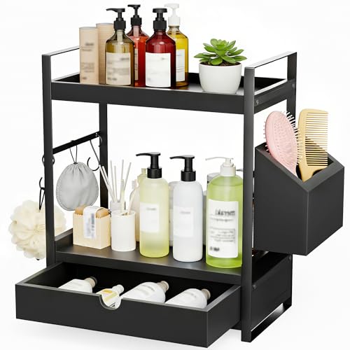 Kottwca 2-Tier Bathroom Counter Organizer with Drawer, Basket & Hooks, Wooden Vanity Shelf for Skincare, Perfume & Makeup Storage(Black) - color: Black