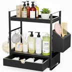 Kottwca 2-Tier Bathroom Counter Organizer with Drawer, Basket & Hooks, Wooden Vanity Shelf for Skincare, Perfume & Makeup Storage(Black) - color: Black
