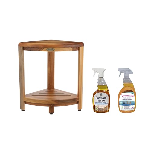 EcoDecors Fully Assembled SnazzyCorner® 18" Teak Shower Bench, Corner Shower Stool, w Shelf, Plus Loveable Teak Oil Spray Bottle 24 oz, Loveable Teak Cleaner 32 oz, Space Saver Corner be - size: 2 Tier FULLY ASSEMBLED + Teak Oil & Spray