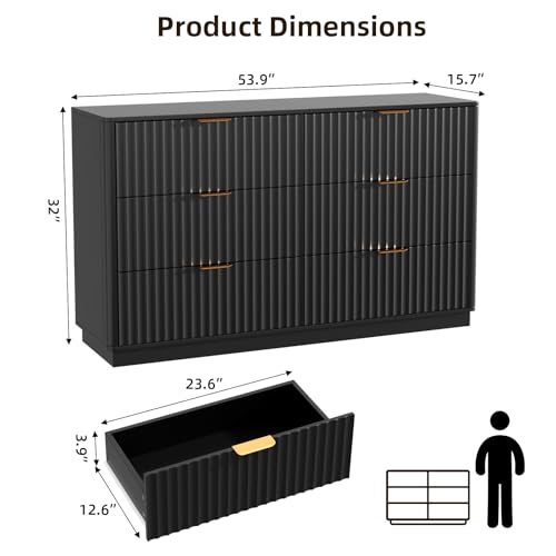 VOWNER Fluted 6 Drawers Dresser for Bedroom, 54" Wide Modern Chest of Drawers with Metal Handle, Closet Clothes Storage Organizer, Wood Dresser TV Stand for Living Room, Closet, Hallway, Entryway - color: Black