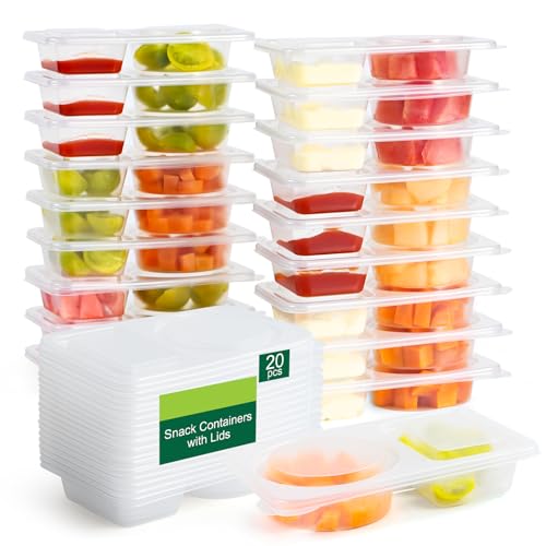20 Sets Reusable Snack Containers with Lids, 2 Compartment Snack Pack Containers for Food Storage & Meal Prep, Travel Snacks, Leakproof, Split-Proof