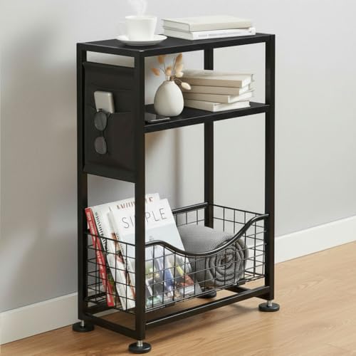 Skinny Side Table with Storage, 3 Tier Slim Side Tables for Small Spaces, Skinny End Table Narrow Bedside Table Narrow Side Table for Living Room, Bedroom - color: Black