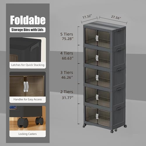 131QT Stackable Storage Bins with Lid & Door, Large Collapsible Plastic Storage Containers with Locking Wheel, Space Saving Foldable Organizer for Home Bedroom Office Gray 5T - size: 131Qt/32Gal-5Packs/1Top Lid