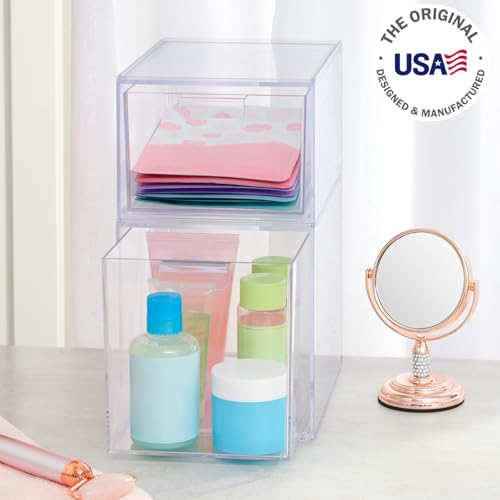 STORi Audrey Stackable Clear Bin Plastic Organizer Drawers | 2 Piece Set | Organize Cosmetics and Beauty Supplies on a Vanity | Made in USA - size: 4.5" and 6.75" Tall Set