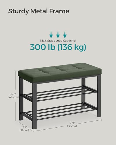 SONGMICS Shoe Bench, Storage Bench, Entryway Bench with Cushion, Shoe Shelf with Seat, Space-Saving, Modern Style, for Living Room, Bedroom, Hallway, Forest Green and Ink Black ULBS057C01 - color: Forest Green + Ink Black, size: 31.9"W