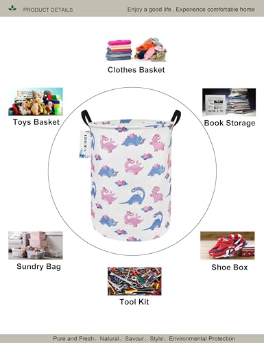 Round waterproof laundry basket,foldable storage basket,laundry Hampers with handle,gift basket,suitable for children's room and toy storage (Pink Dinosaur) - color: Pink Dinosaur