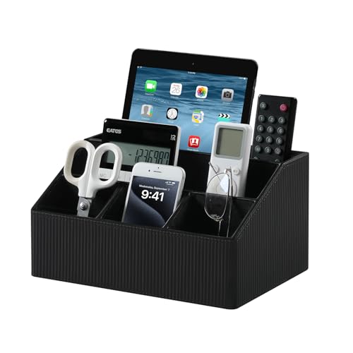 Remote Control Holder with 5 Compartments for Office Art Supplies, PU Leather Nightstand Organizer Pencil Pen Desk Caddy for Home, Desktop TV Remote Control Organizer Storage (Striped Black) - color: Striped Black