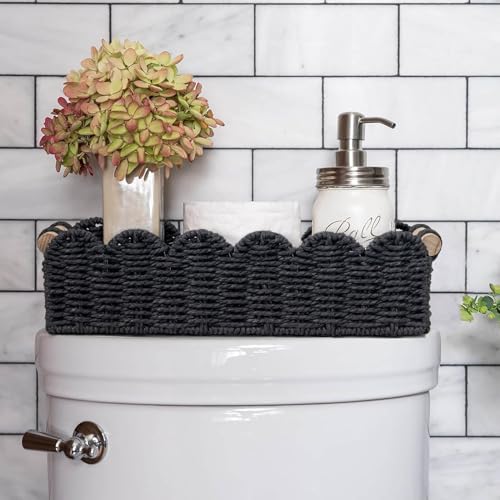 CubesLand Toilet Paper Storage Basket Scalloped Edge Home Decor Basket, Living Room Cozy Decor, Paper Rope Small Baskets for Over Toilet Storage Shelf, End Table, Shelves, with 2 Wooden Handles, Black - color: Black, size: M - 14"L x 6.3"W x 3.9"H