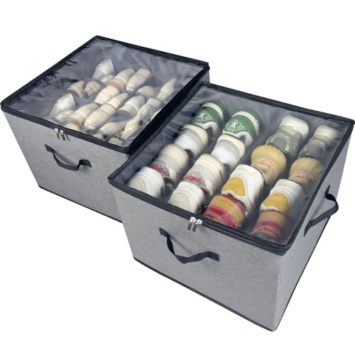 Shoe Organizer Box 2 Pack, Shoe Storage Organizer with Clear Cover, Adjustable Dividers Fits 16-32 Pairs, Fabric Shoe Organizer for Closet, Grey - color: 2 Pack -Grey
